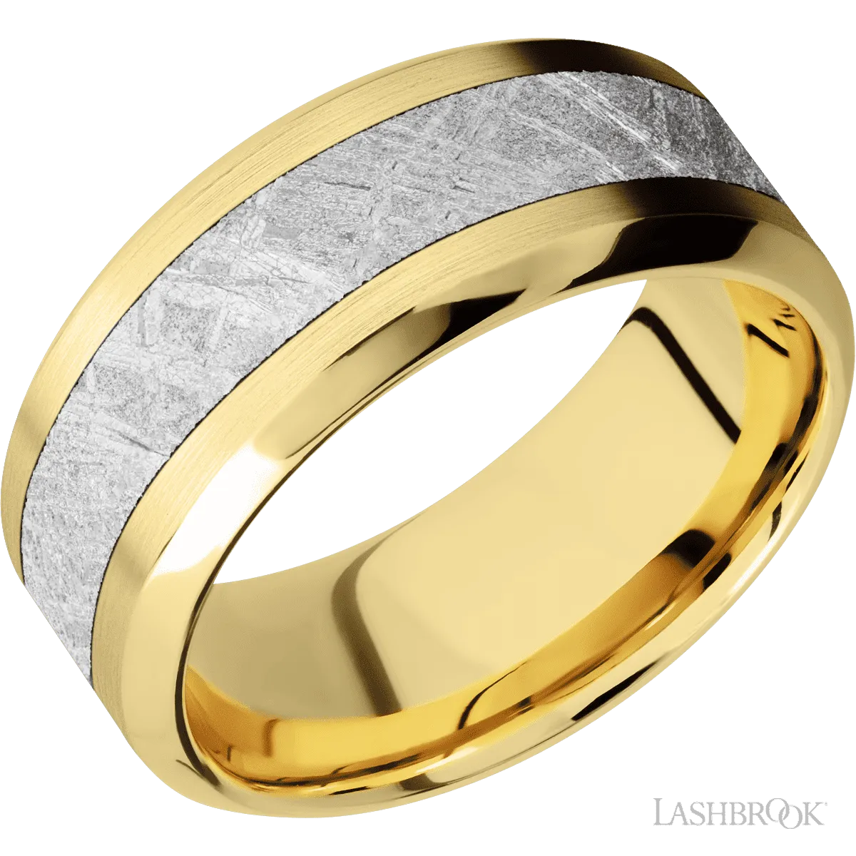 10K Yellow Gold with Satin , Polish Finish and Meteorite Inlay - 9 MM