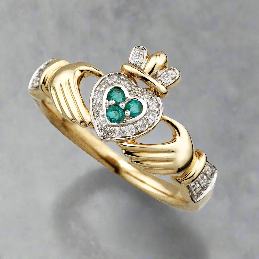 14K Diamond & Emerald Claddagh Ring