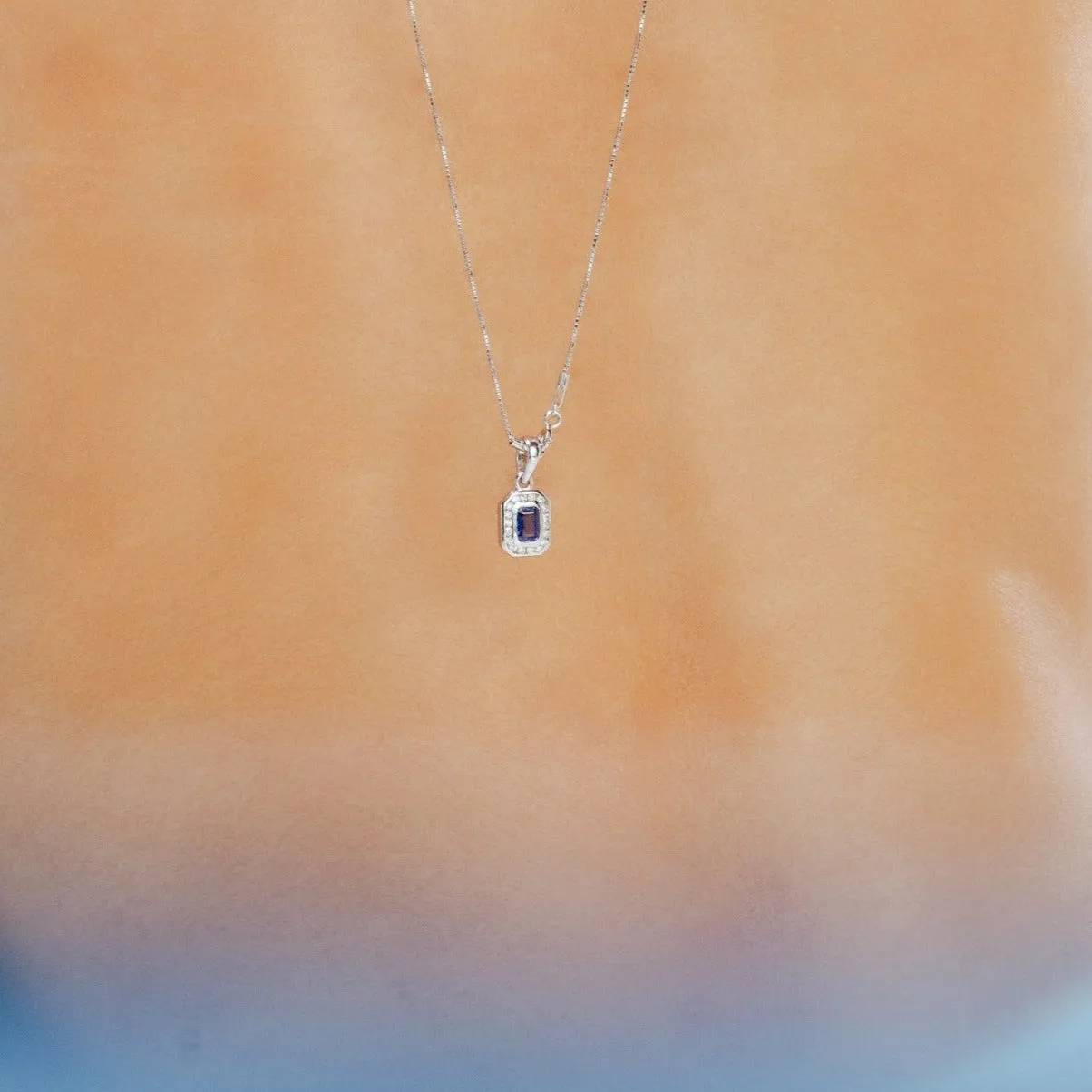 14K Gold Blue Sapphire Halo Diamond Pendant