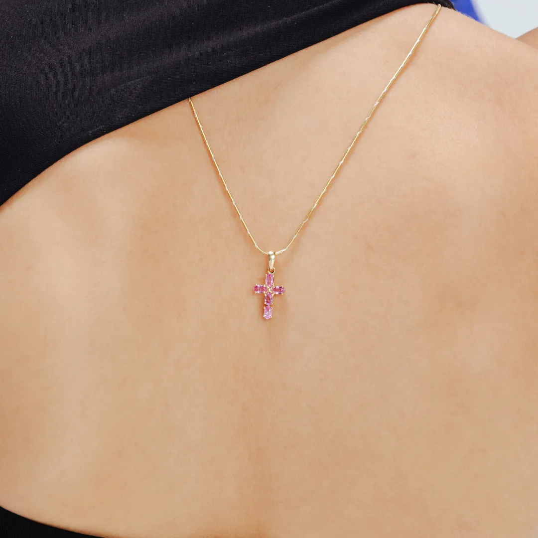 14K Gold Pink Sapphire Cross Pendant