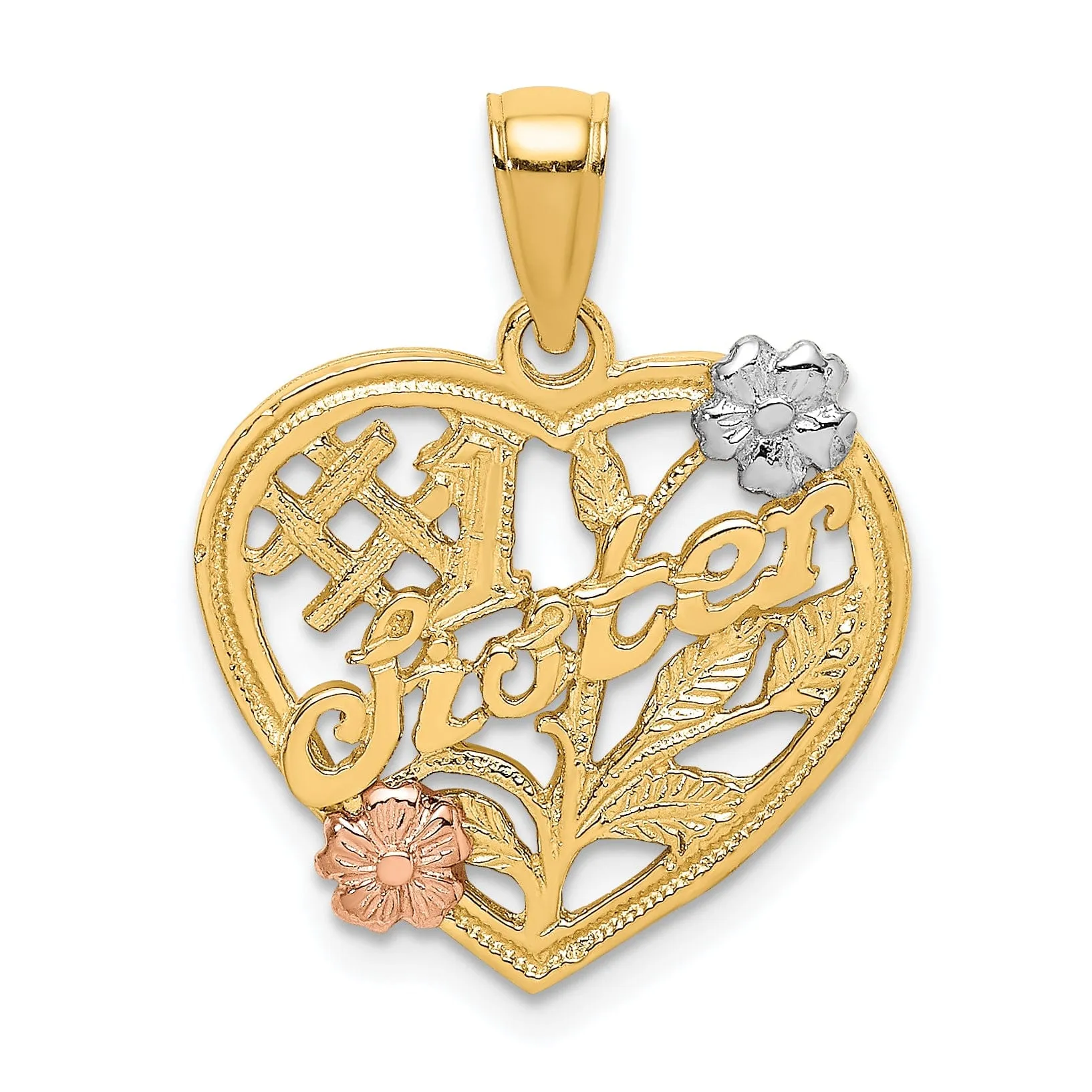 14k Two Tone Gold, White Rhodium SISTER in Heart with Flowers Style Design Charm Pendant