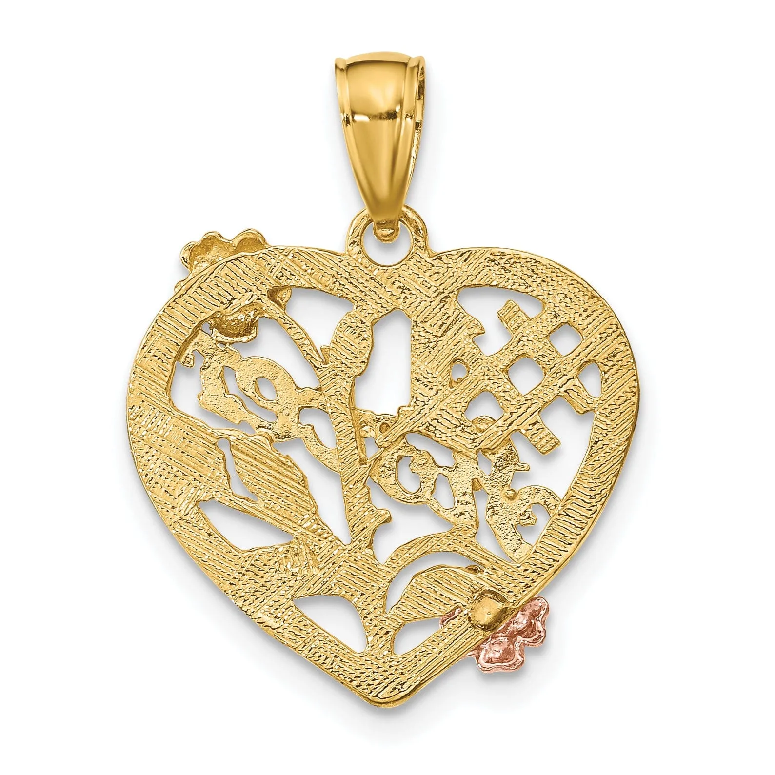 14k Two Tone Gold, White Rhodium SISTER in Heart with Flowers Style Design Charm Pendant