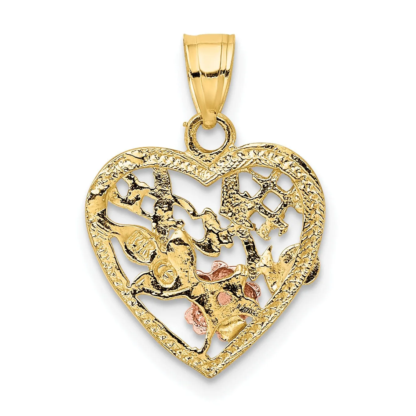 14k Two-Tone Gold, White Rhodium Textured Polished Finish #1 WIFE In Heart with Flower Design Charm Pendant