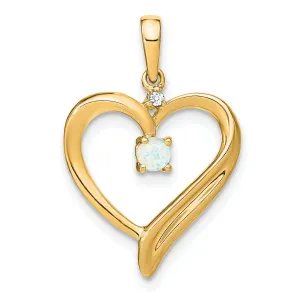 14k White Gold Polished Finish Closed Back Lab Created 0.065-CT Opal and 0.01-CT Diamond Women's Heart Design Charm Pendant