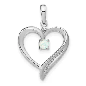 14k White Gold Polished Finish Created 0.065-CT Opal and 0.01-CT Diamond Women's  Heart Design Charm Pendant