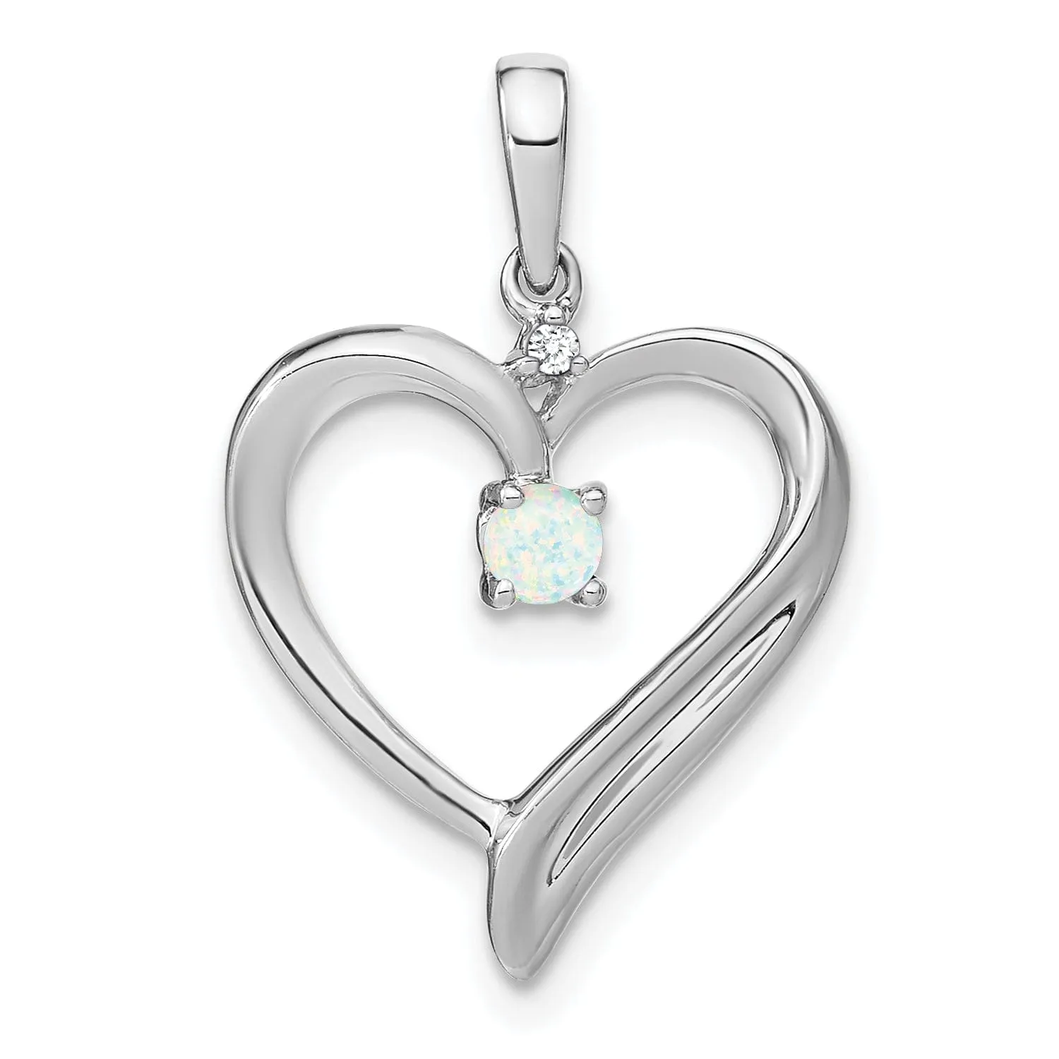 14k White Gold Polished Finish Created 0.065-CT Opal and 0.01-CT Diamond Women's  Heart Design Charm Pendant