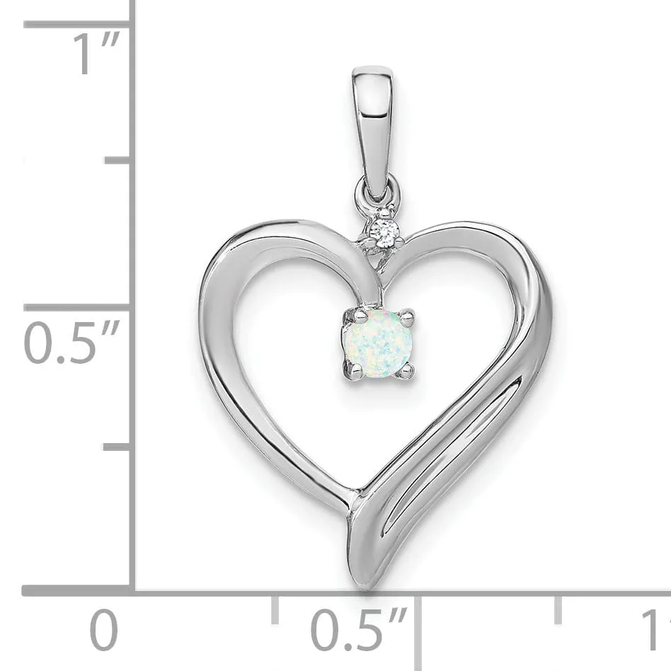 14k White Gold Polished Finish Created 0.065-CT Opal and 0.01-CT Diamond Women's  Heart Design Charm Pendant