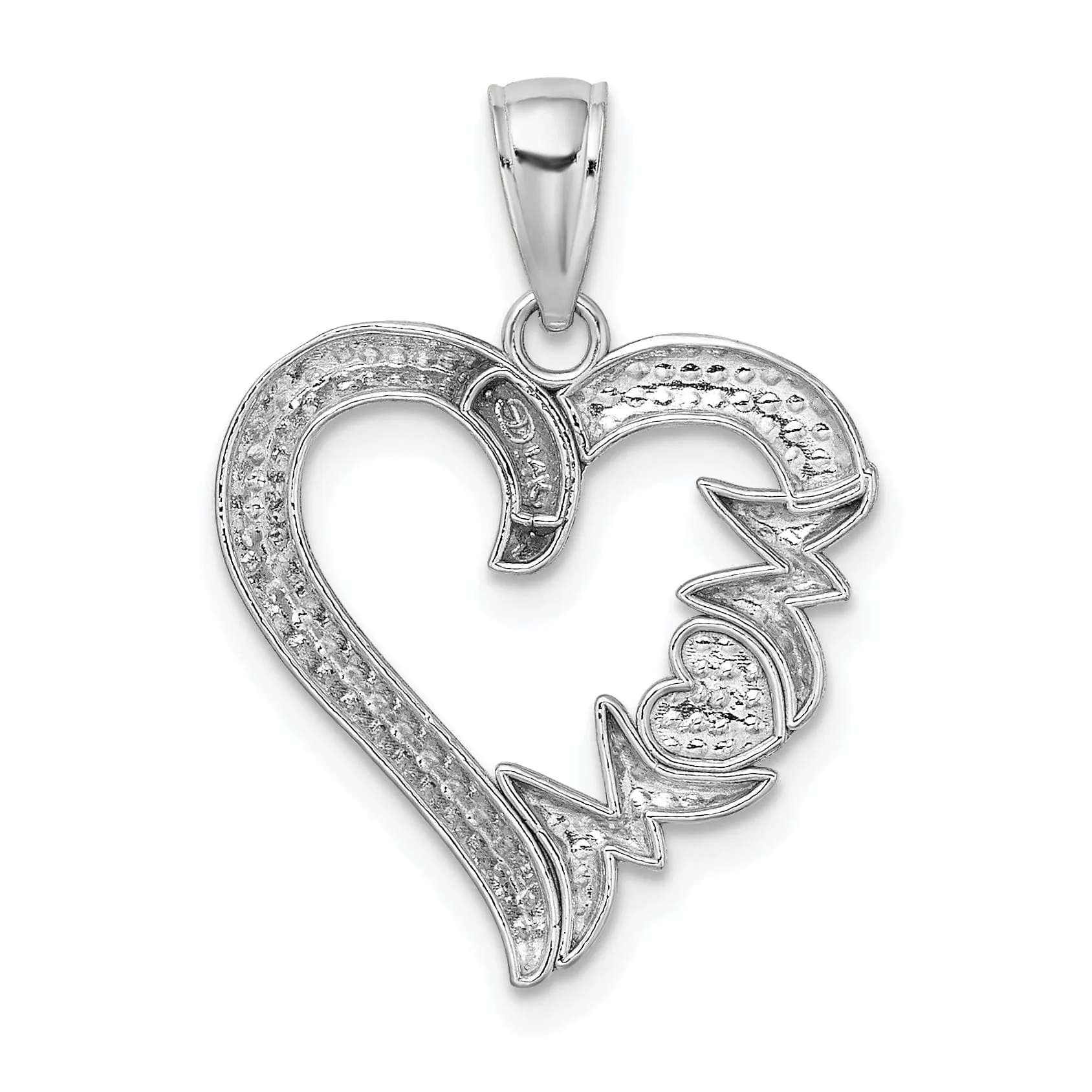 14K White Gold Polished Finish Heart Shape Design with MOM Charm Pendant