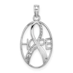 14K White Gold Textured Polished Finish HOPE with Ribbon Oval Shape Charm Pendant