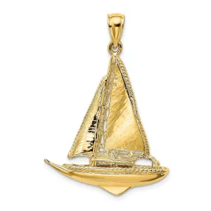 14K Yellow Gold 3-Dimensional Polished Textured Finished Sailboat Design Charm Pendant