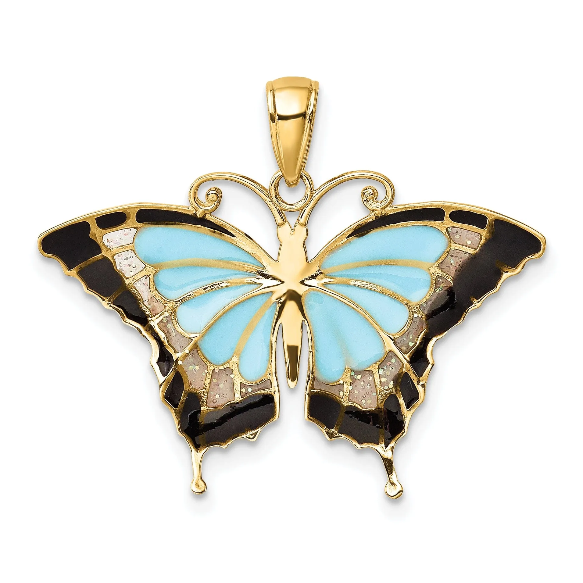 14K Yellow Gold Casted Solid Open Back Polished Finish Aqua Enameled Butterfly Charm Pendant