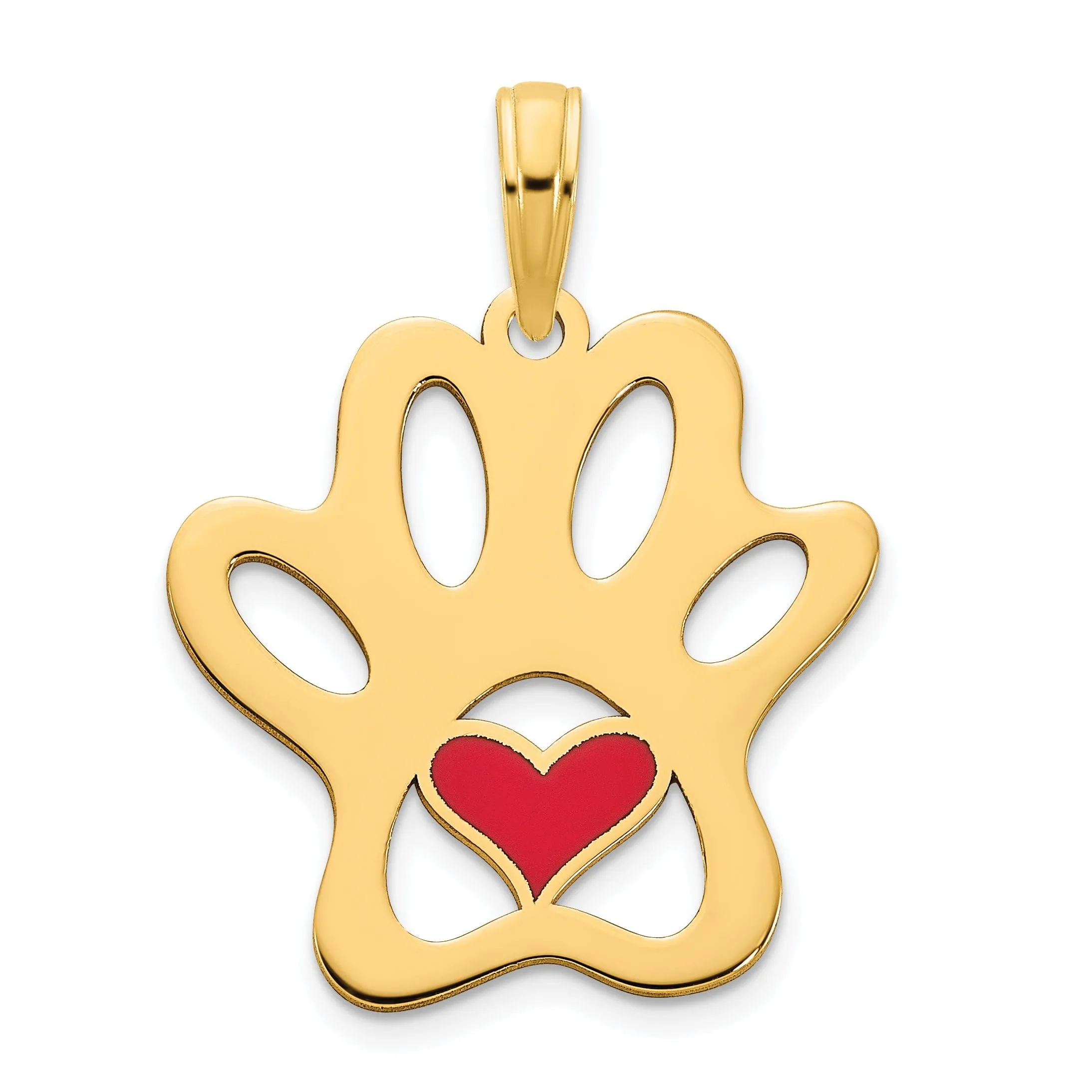 14k Yellow Gold Open Back Polished Epoxy Finish Paw Print with Heart Charm Pendant