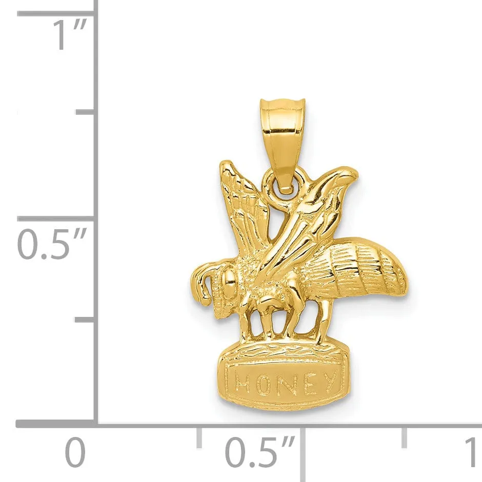 14k Yellow Gold Open Back Textured Polished Finish Solid Bee on HONEY Jar Design Charm Pendant