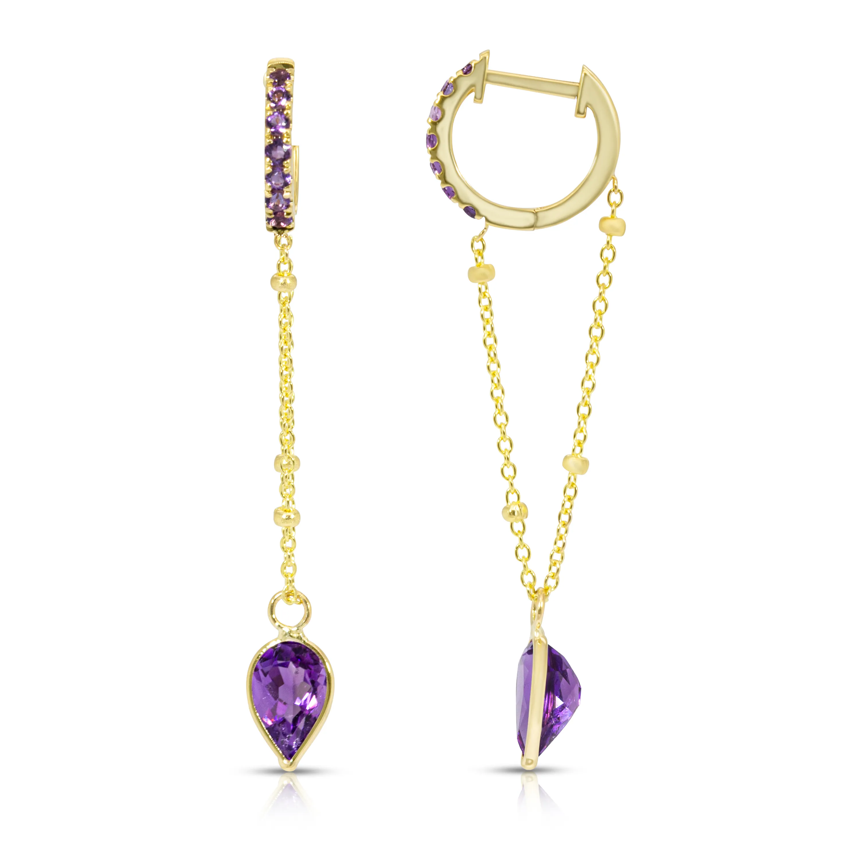 14K Yellow Gold Pendulum Drop-Shaped Amethyst Gemstone Chain Huggies