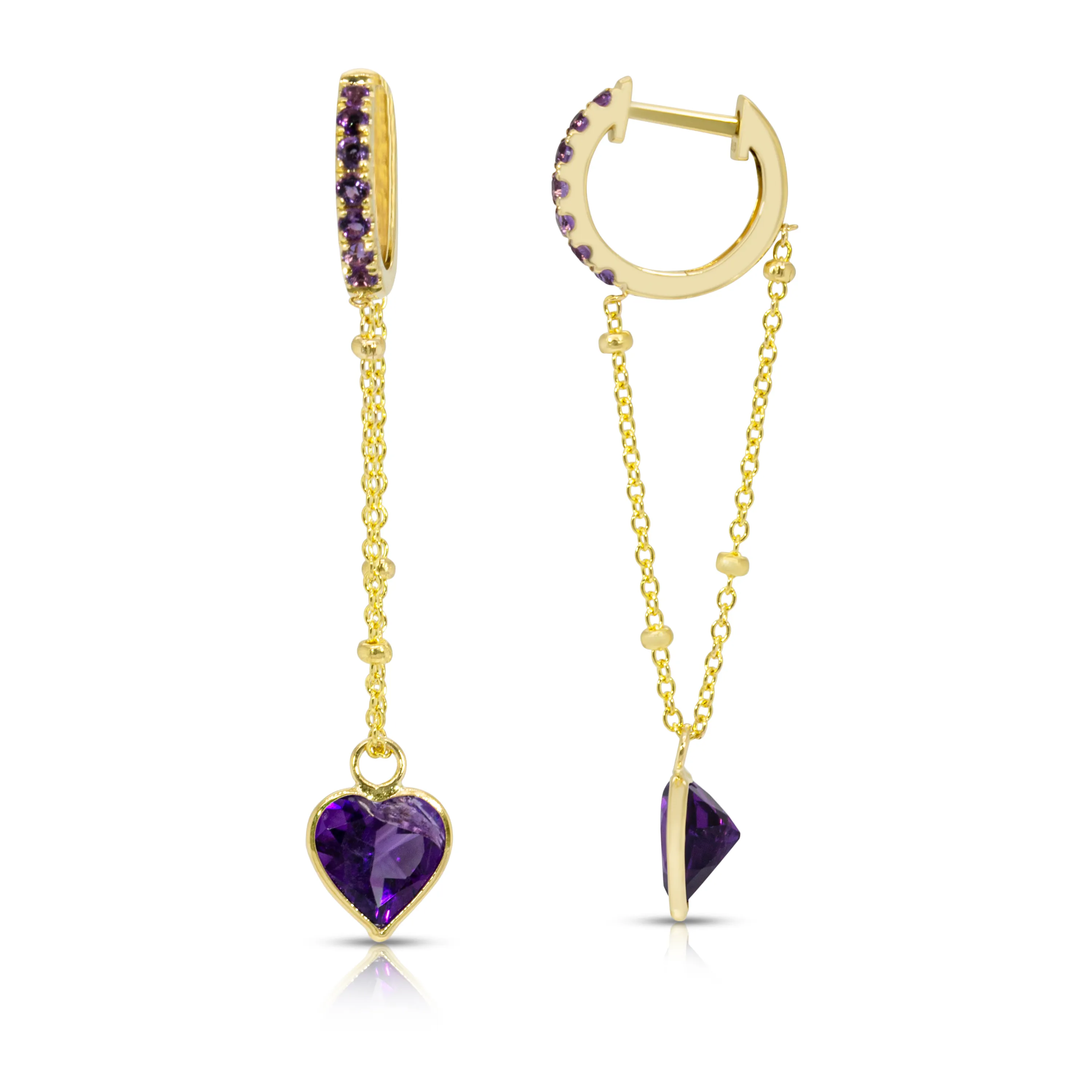 14K Yellow Gold Pendulum Heart-Shaped Amethyst Gemstone Chain Huggies