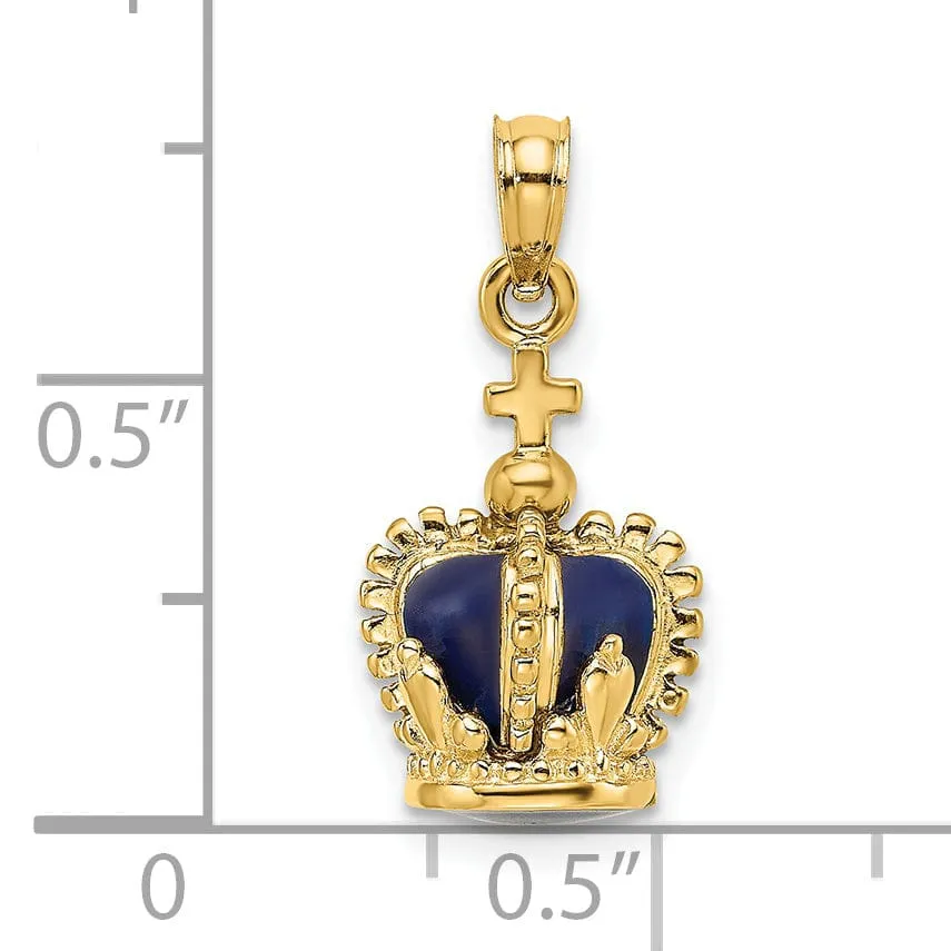 14K Yellow Gold Polished Blue Enamel Finish 3-Dimensional Beaded Design Crown with Cross on Top Charm Pendant