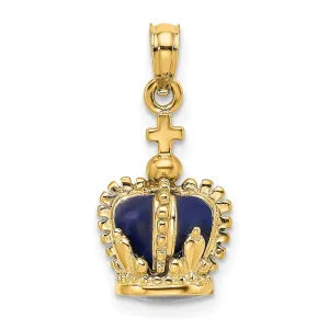 14K Yellow Gold Polished Blue Enamel Finish 3-Dimensional Beaded Design Crown with Cross on Top Charm Pendant