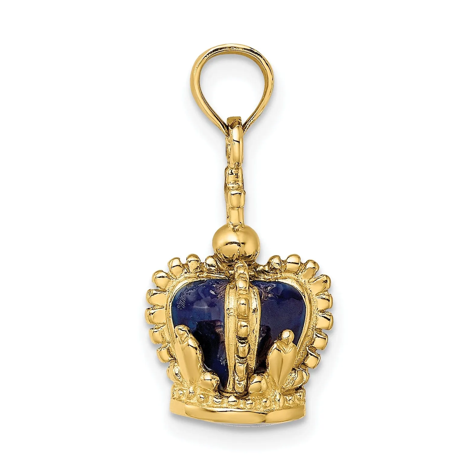 14K Yellow Gold Polished Blue Enamel Finish 3-Dimensional Beaded Design Crown with Cross on Top Charm Pendant