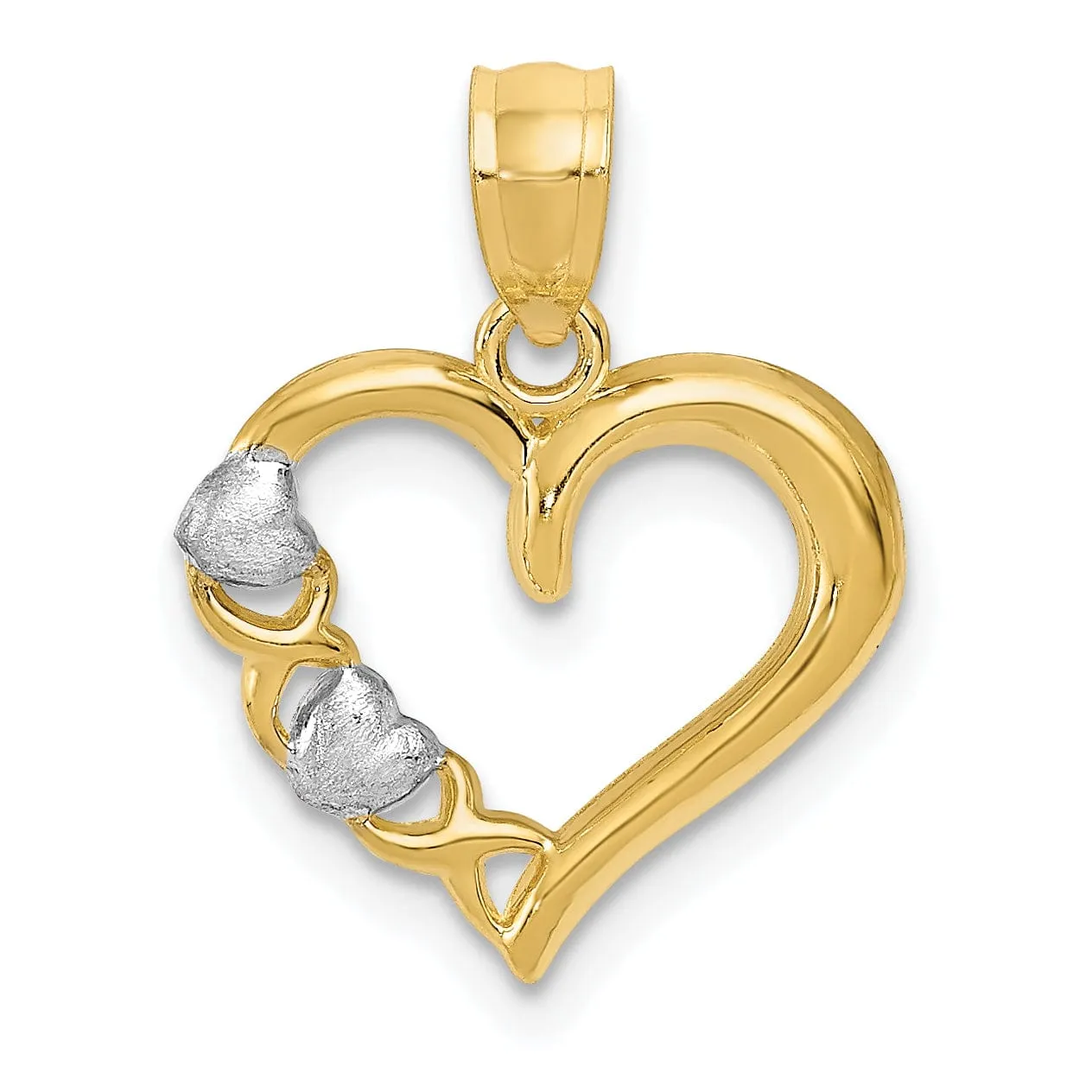 14K Yellow Gold, Rhodium Polished Finish Solid Heart -X- In Heart Design Pendant