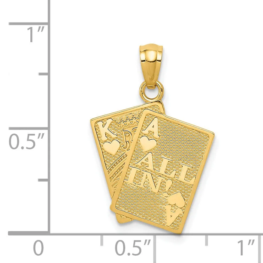 14k Yellow Gold Solid Textured Polished Finish Ace of Hearts and King of Hearts ALL IN! Cards Charm Pendant