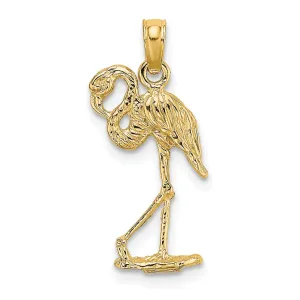 14K Yellow Gold Textured Polished Finish 3-Dimensional Flamingo with Head Up Design Charm Pendant