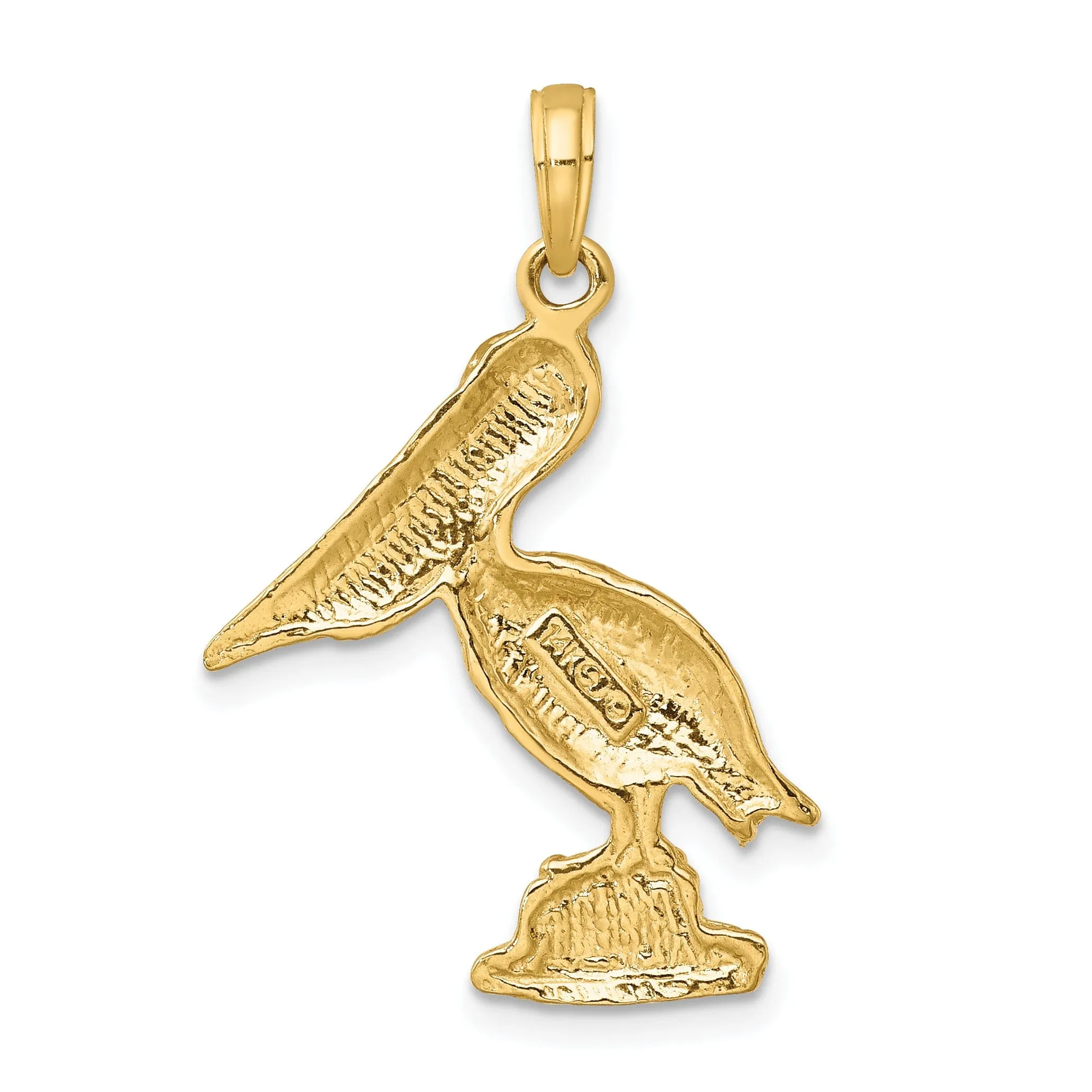 14K Yellow Gold Textured Polished Finish Pelican Standing on Piling Charm Pendant