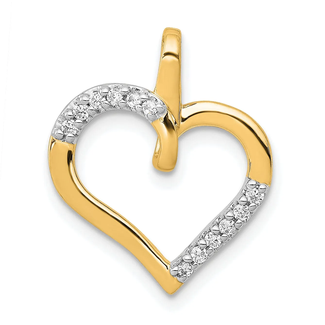 14k Yellow Gold, White Rhodium Closed Back Polished Finish 1/10-CT Diamond Fancy Heart Design Charm Pendant