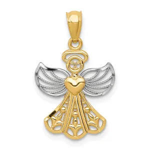 14k Yellow Gold White Rhodium Concave Filigree Angel With Heart Pendant