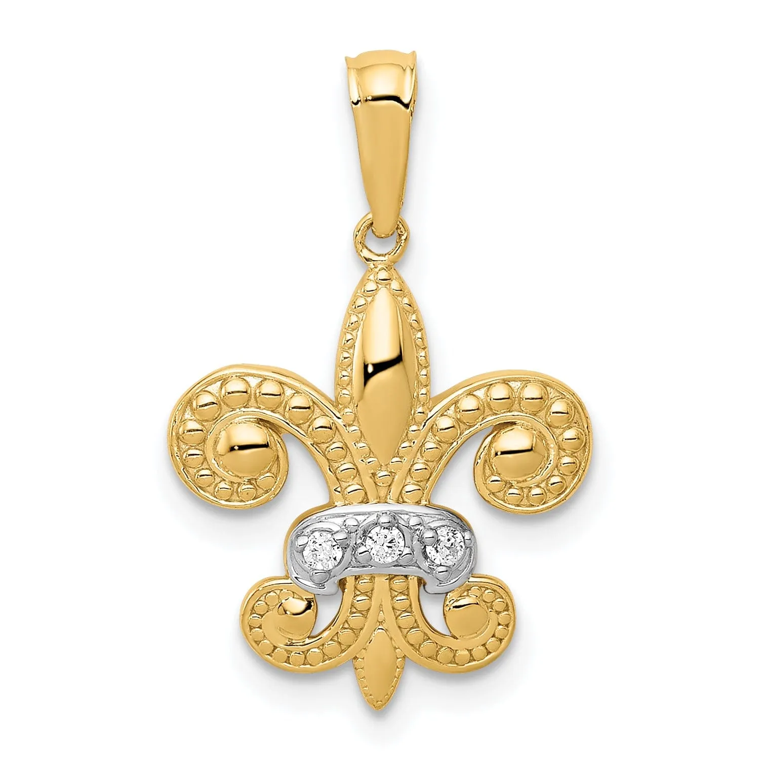 14k Yellow Gold White Rhodium Open Back Textured Polished Finish 0.03CT. Diamond Fleur De Lis Design Charm Pendant