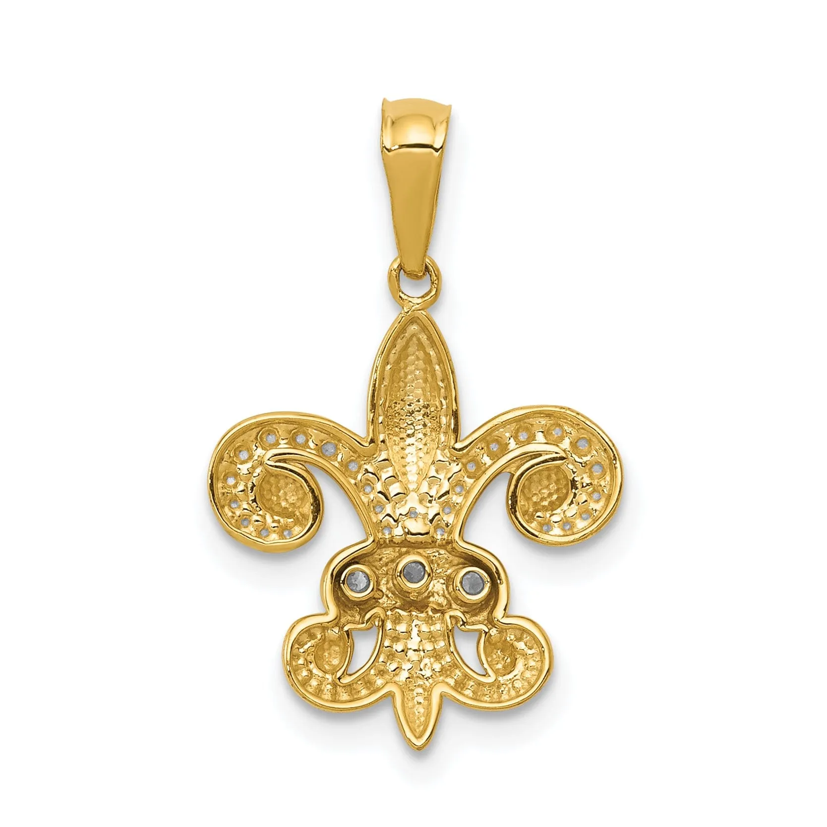 14k Yellow Gold White Rhodium Open Back Textured Polished Finish 0.03CT. Diamond Fleur De Lis Design Charm Pendant