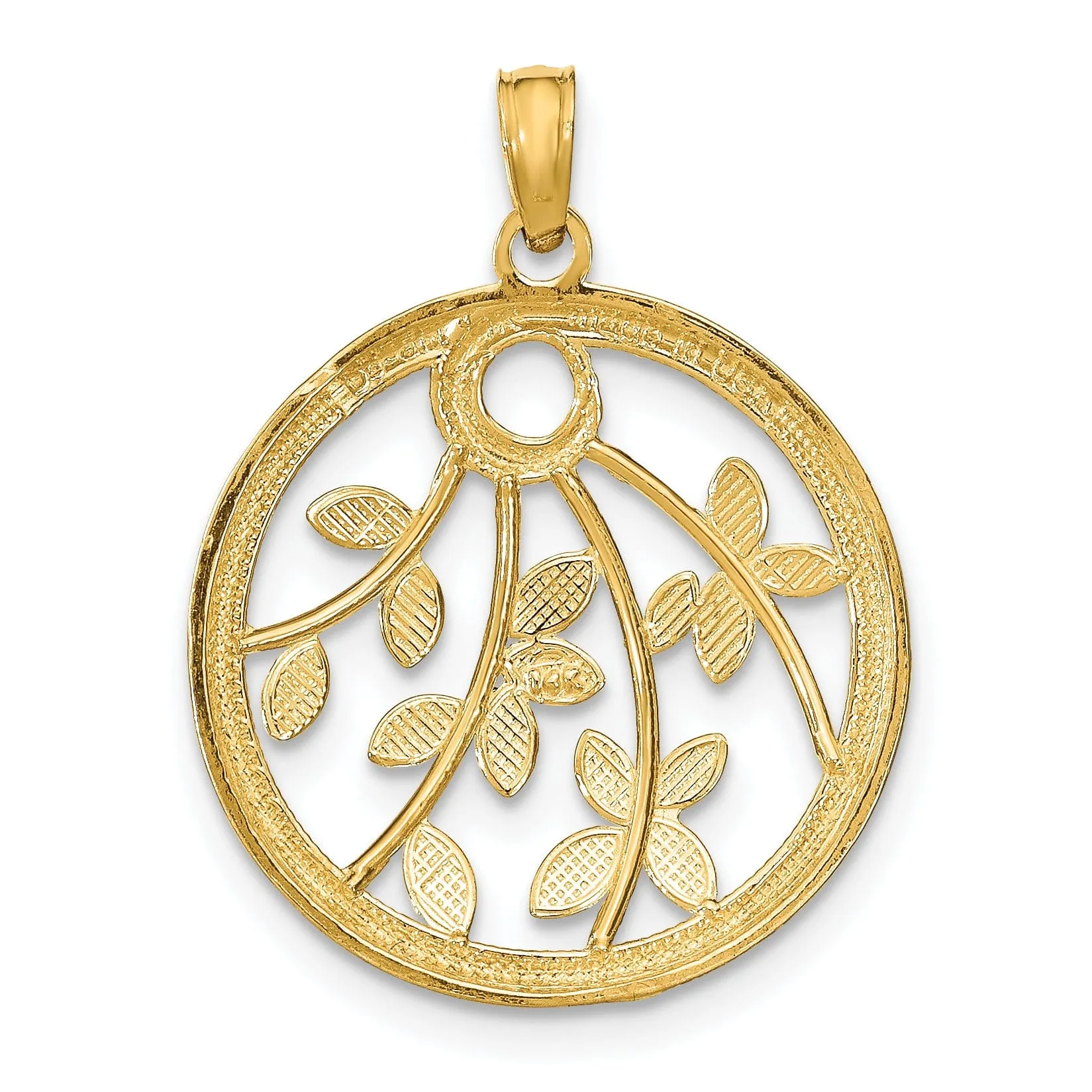 14K Yellow Gold, White Rhodium Polished Finish Filigree Floral Design Round Frame Pendant