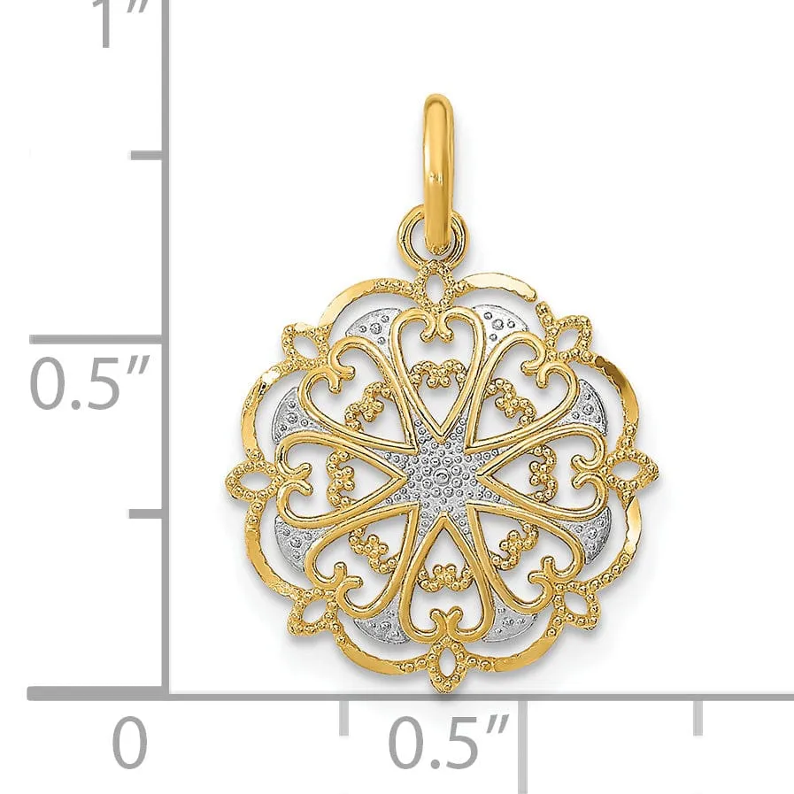 14K Yellow Gold, White Rhodium Polished Finish Filigree Heart Fancy Design Circle Pendant