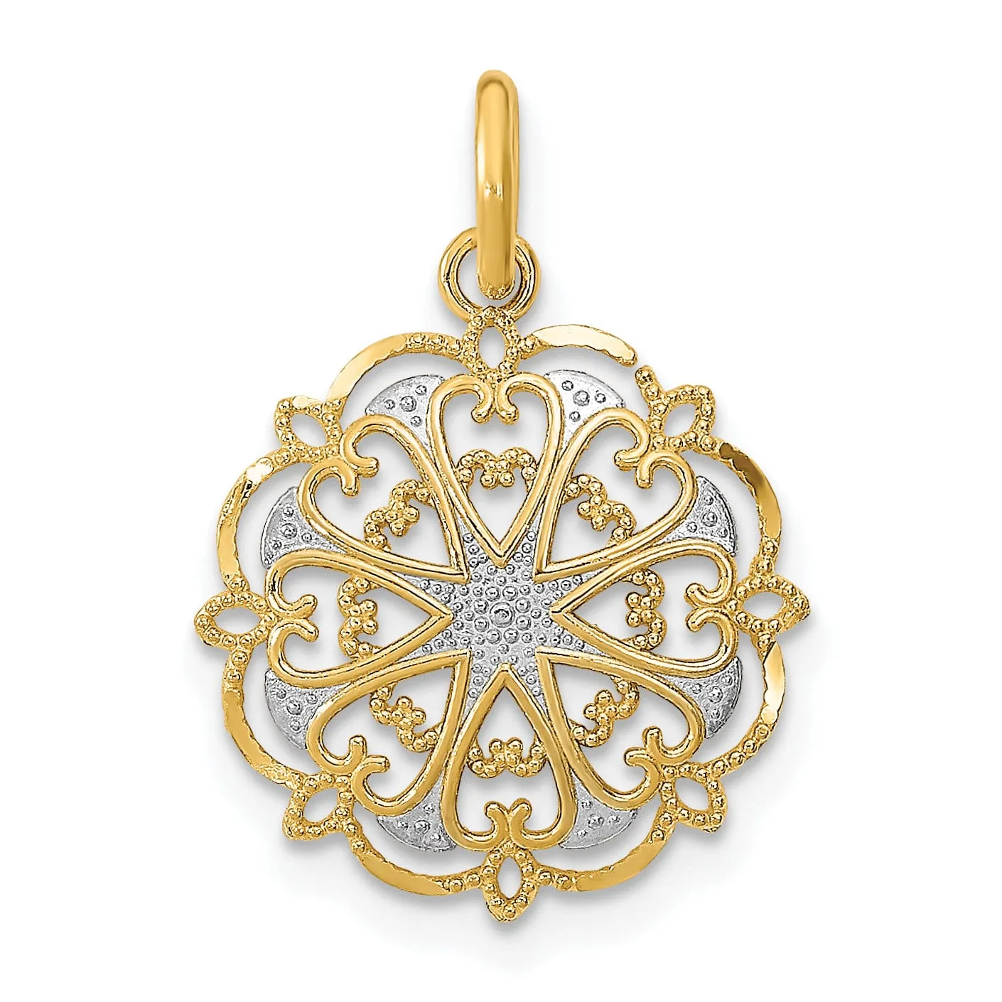 14K Yellow Gold, White Rhodium Polished Finish Filigree Heart Fancy Design Circle Pendant