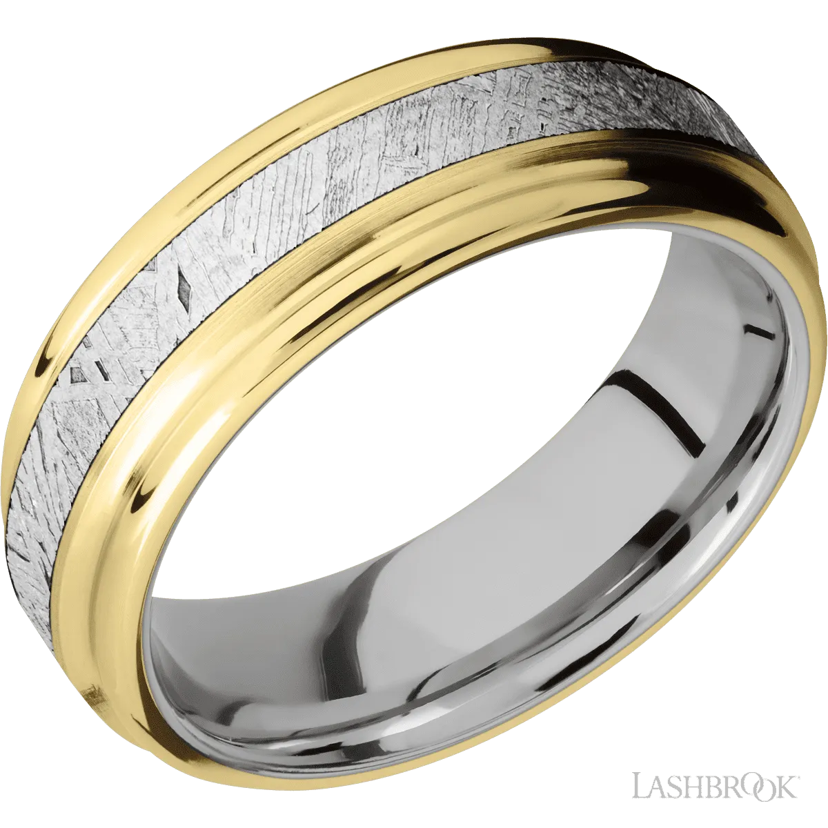 14K Yellow Gold with Satin , Polish Finish and Meteorite Inlay and 14K White Gold - 7MM