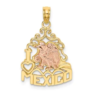 14k Yellow, Rose Gold Polished Textured Finish I HEART MEXICO  with Eagle Design Charm Pendant