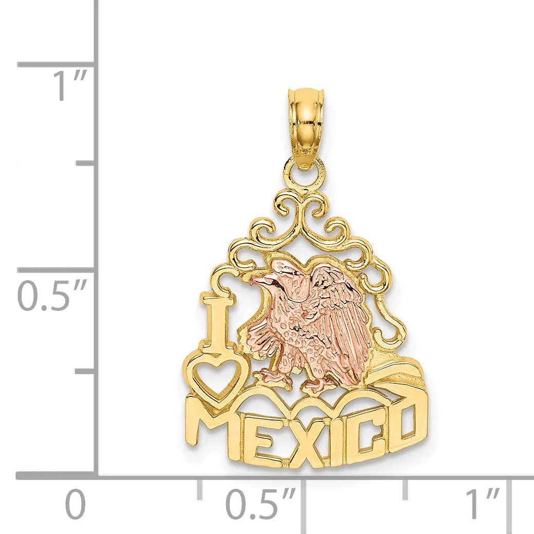 14k Yellow, Rose Gold Polished Textured Finish I HEART MEXICO  with Eagle Design Charm Pendant