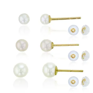 14KT Yellow Gold 3-Pair 3MM 4MM 5MM Fresh Water Pearl Stud Earrings