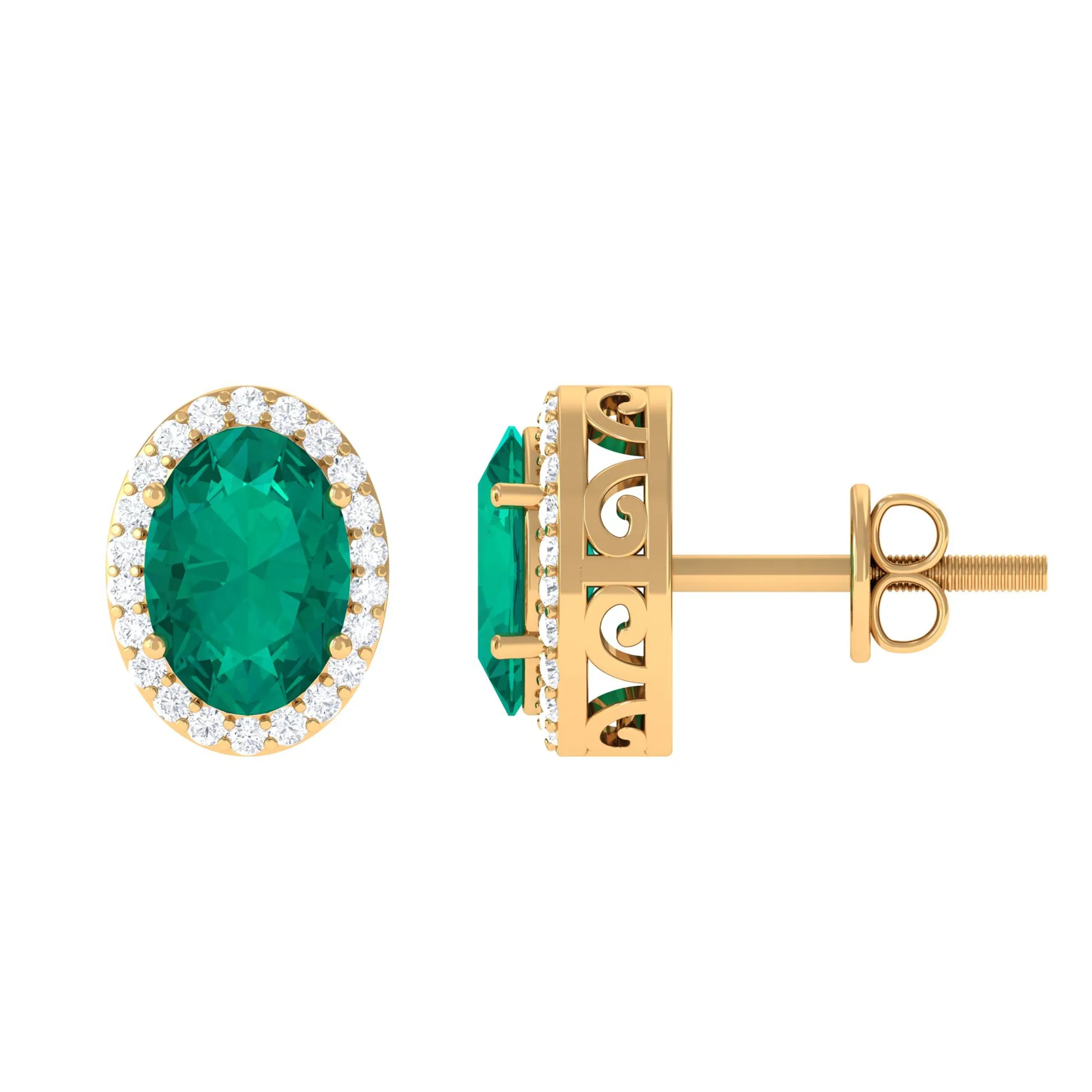 1.75 CT Classic Emerald and Diamond Halo Stud Earrings