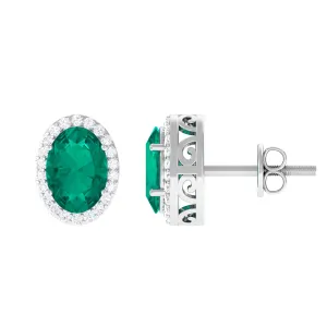 1.75 CT Classic Emerald and Diamond Halo Stud Earrings