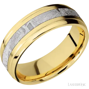 18K Yellow Gold with Satin , Polish Finish and Meteorite Inlay - 7MM