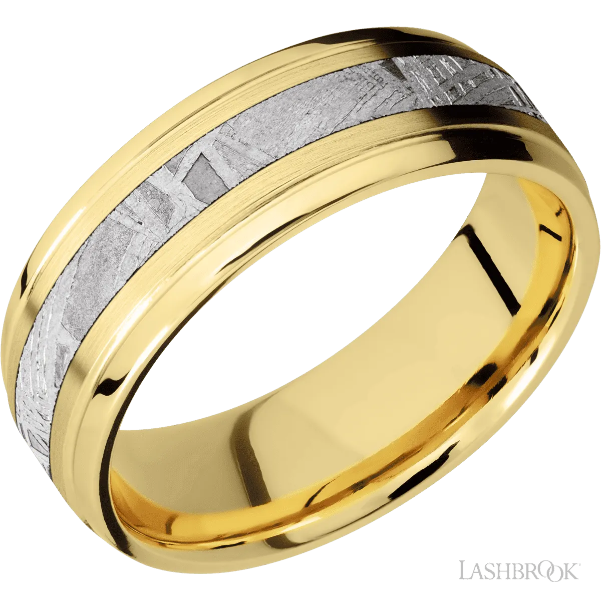 18K Yellow Gold with Satin , Polish Finish and Meteorite Inlay - 7MM