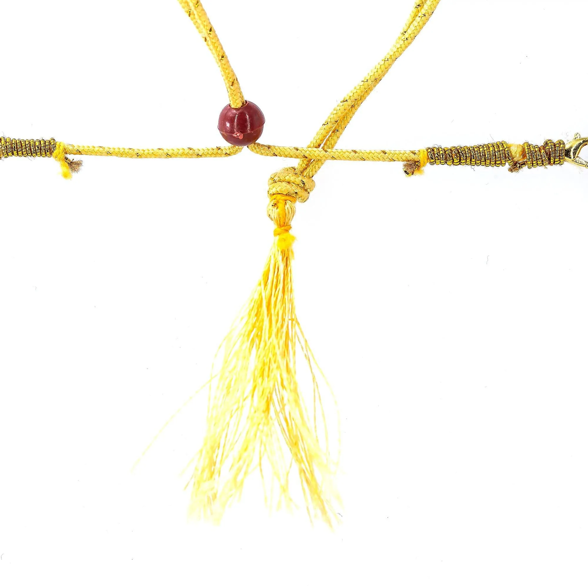 22K Yellow Antique Gold Ram Parivar Kasu Necklace W/ Rubies, Emeralds, Pachi CZ, Pearls & Fringed Adjustable Drawstring Closure