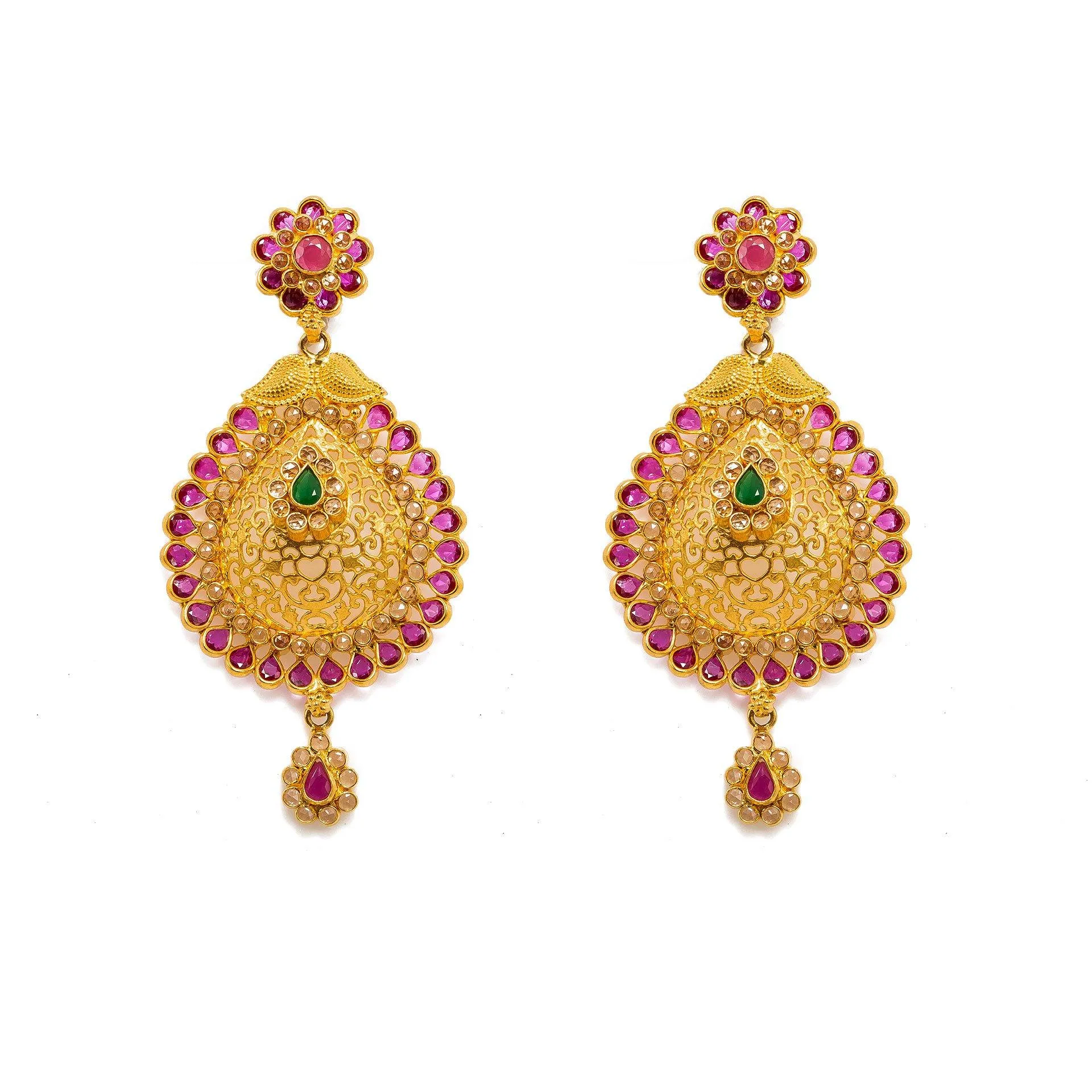 22K Yellow Gold Necklace And Earrings Set W/ Rubies, Emeralds, CZ Gems, Flower Charms & Pear Pendants