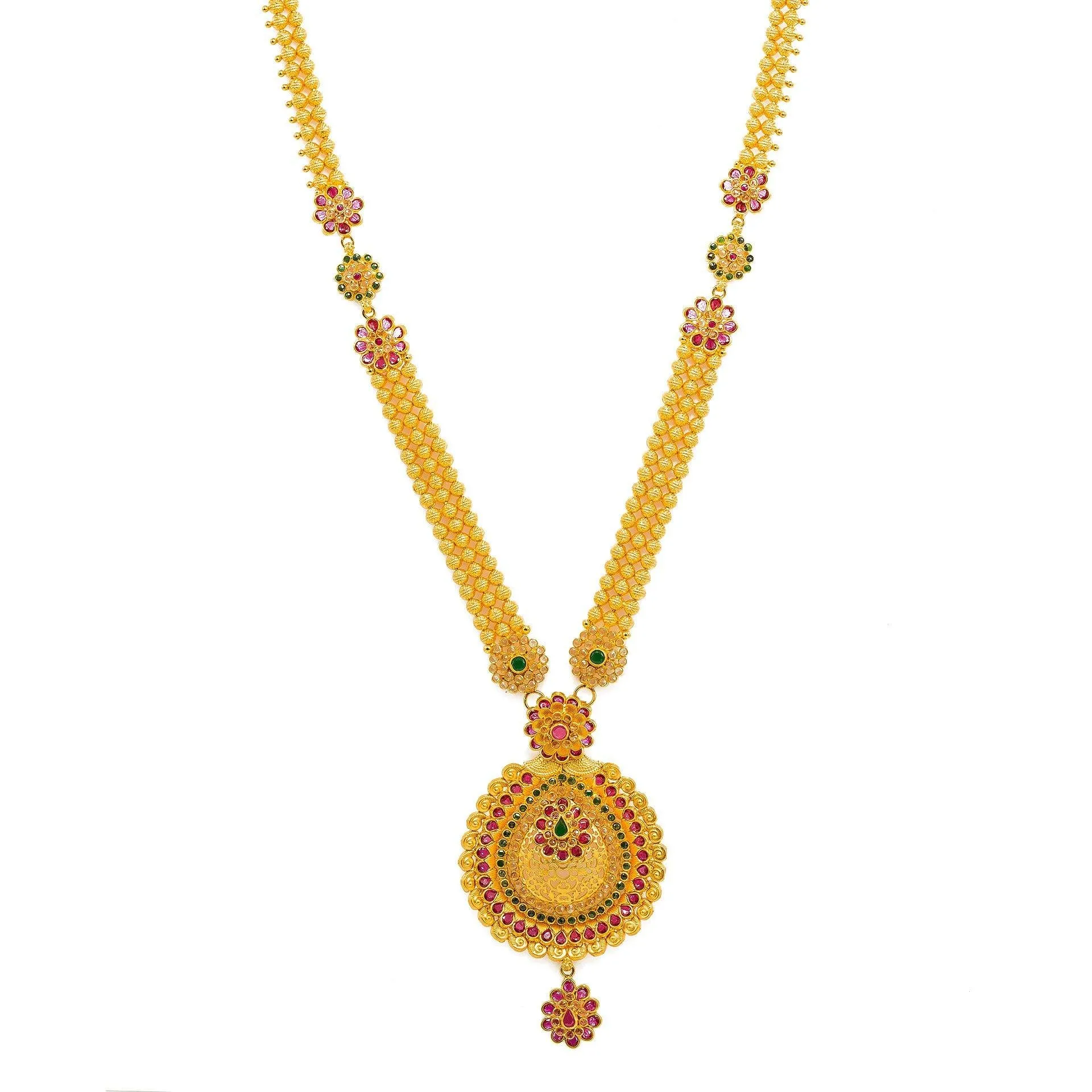 22K Yellow Gold Necklace And Earrings Set W/ Rubies, Emeralds, CZ Gems, Flower Charms & Pear Pendants