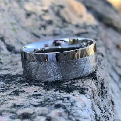 8mm Gibeon Meteorite Wedding Band with Cobalt Chrome Sleeve ,Authentic Genuine Gibeon Meteorite Rings