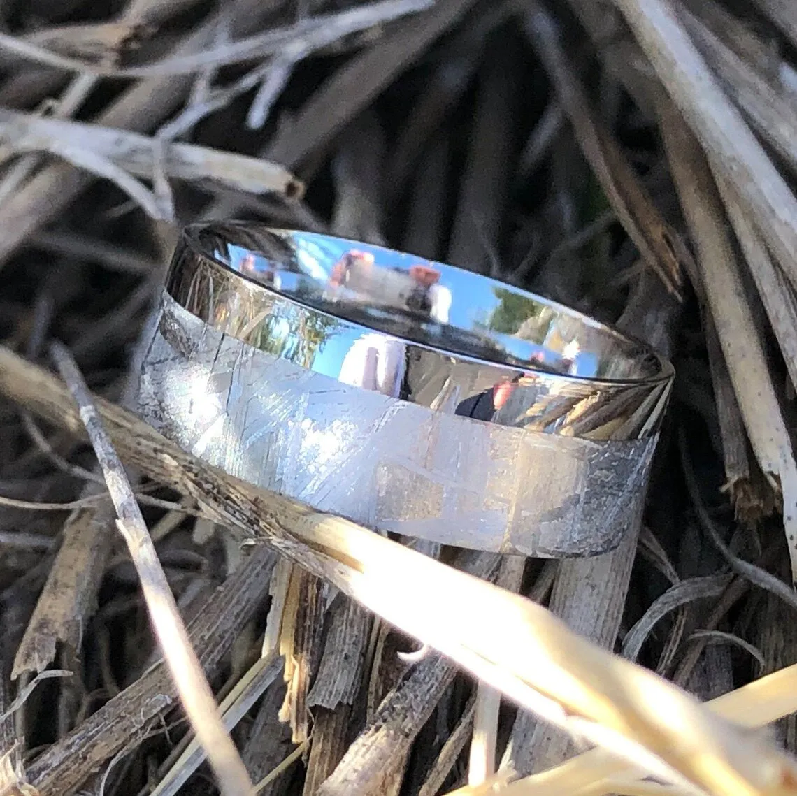 8mm Gibeon Meteorite Wedding Band with Cobalt Chrome Sleeve ,Authentic Genuine Gibeon Meteorite Rings