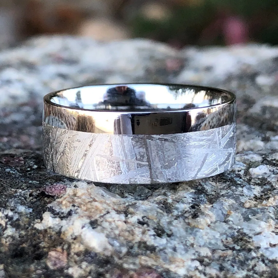 8mm Gibeon Meteorite Wedding Band with Cobalt Chrome Sleeve ,Authentic Genuine Gibeon Meteorite Rings