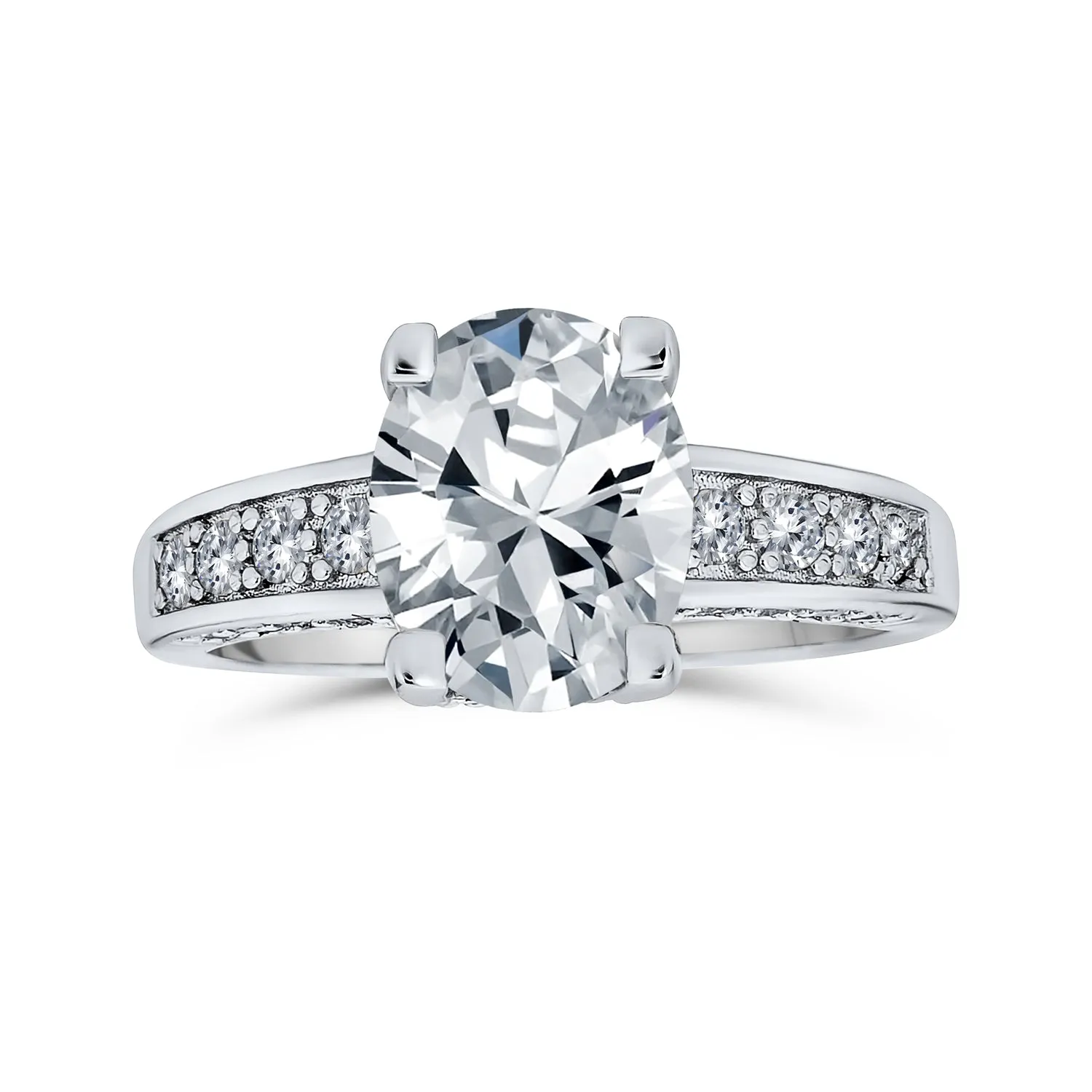 925 Sterling Silver AAA CZ Oval Solitaire Engagement Ring with Zirconia Band