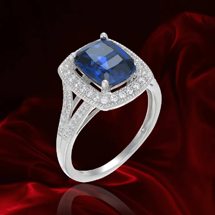 Accented Split Band Sapphire Emerald Cut Ring