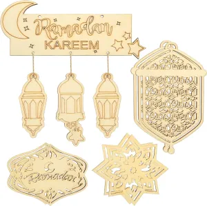 American Elm 7 Pcs Eid Mubarak Wooden Ramadan Kareem Wooden Pendants Ornament Star Wind Light Shape Hanging